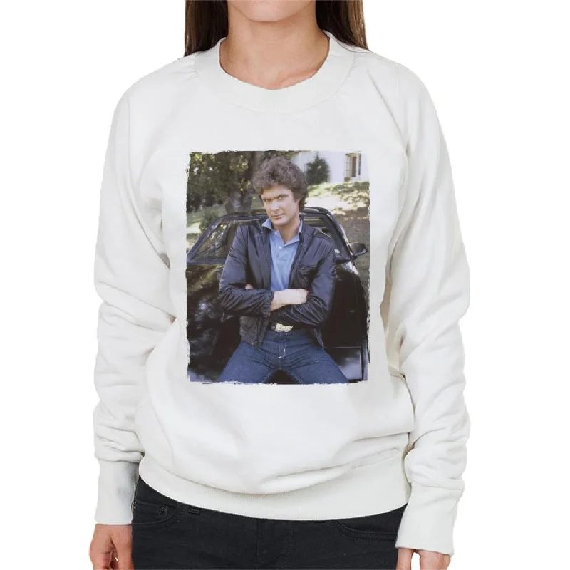 Knight Rider Michael Knight Leaning On KITT Women's Sweatshirt Hoodie with Color Block Contrast Stylish