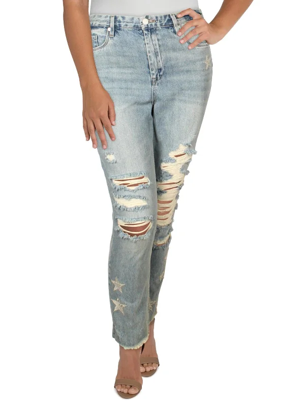 Womens Denim Patchwork Straight Crop Jeans Fashionable Relaxed Fit Denim