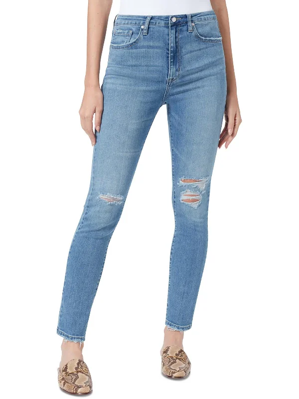 Womens Ripped High-Rise Skinny Jeans Comfortable Straight-Legged Denim