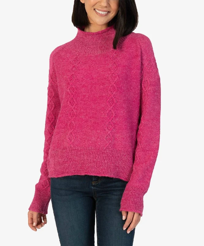 Leona Turtleneck Sweater In Deep Pink Denim Fabric Leather Fabric Suede Fabric