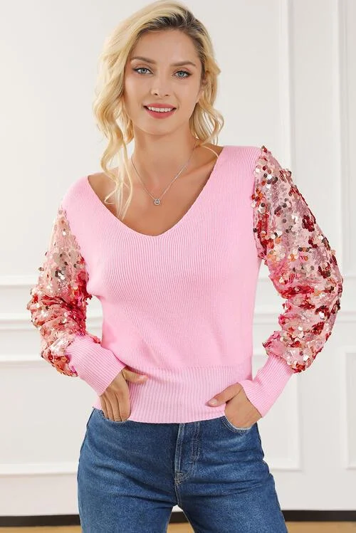 Sequin V-Neck Sweater Elegant Classic Vintage