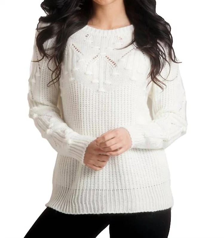 Knit Sweater In Ivory Houndstooth Herringbone Solid