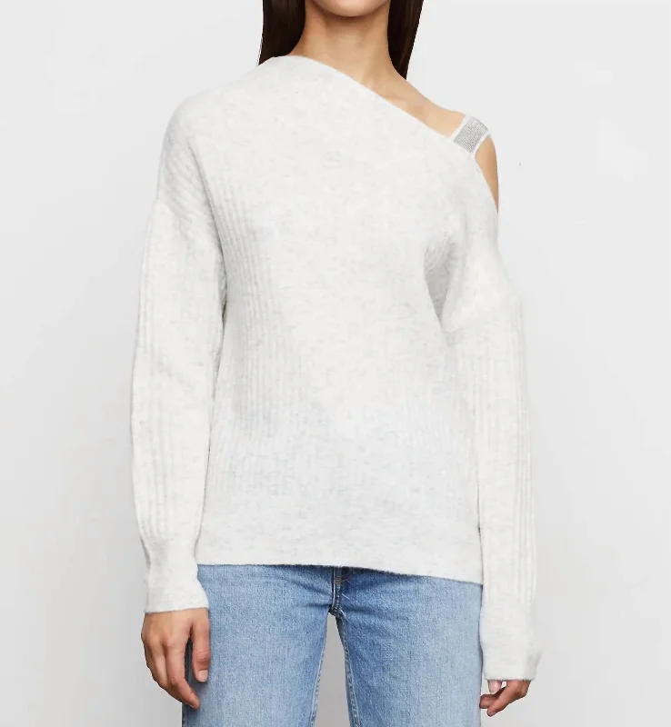 Kiara Ribbed Asymmetrical Sweater In Silver Toggled Drawstring Belted