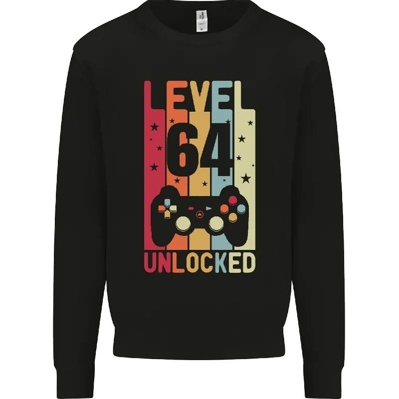 64th Birthday Level Up Gaming Mens Sweatshirt Jumper - 64 Years Old Player Hoodie with Distressed Vintage Worn