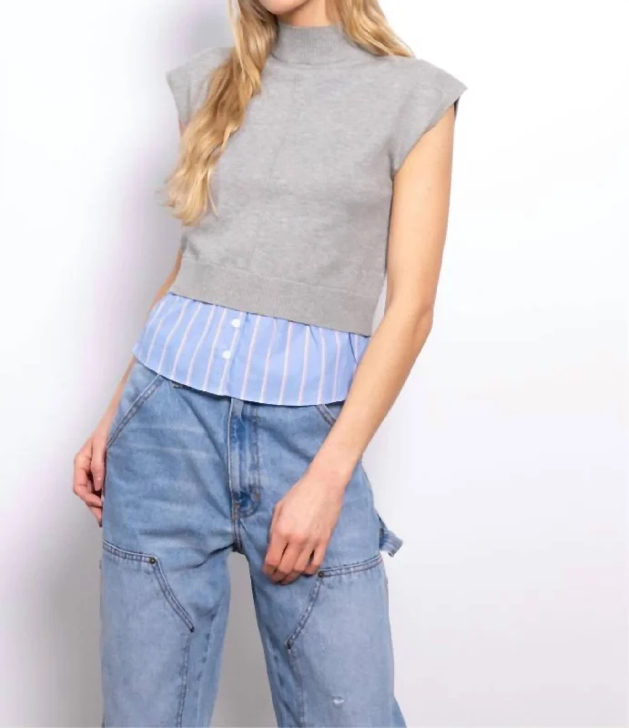 Sutton Turtle Neck Twofer Sweater In Grey Zippered Buttoned Snapped