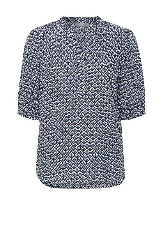 Fransa Notch Neck Geo Print Blouse, Navy Multi Modern Oversized Blouse