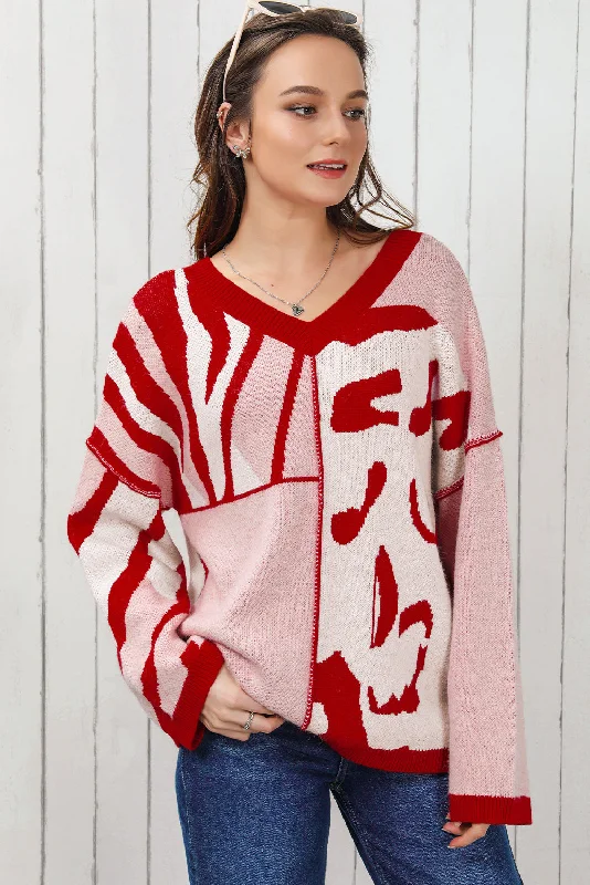 V-Neck Printed Dropped Shoulder Sweater Turtle Neck Boat Neck Asymmetrical Neck