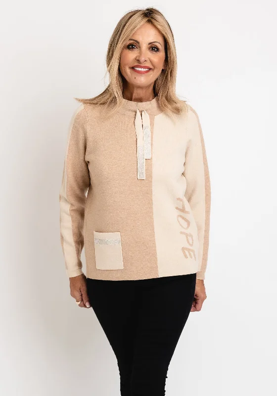 Micha Colour Block Text Print Knit Sweater, Beige Stylish Fashionable Trendy