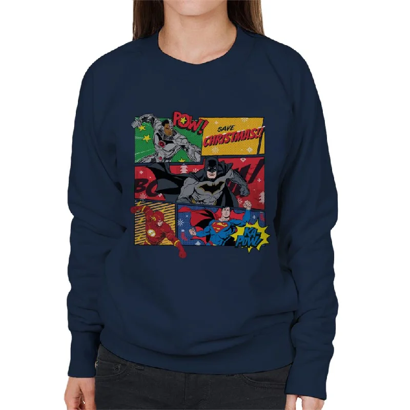 Justice League Christmas Comic Save Christmas Women's Sweatshirt Hoodie with Raw Hem Edgy Unfinished