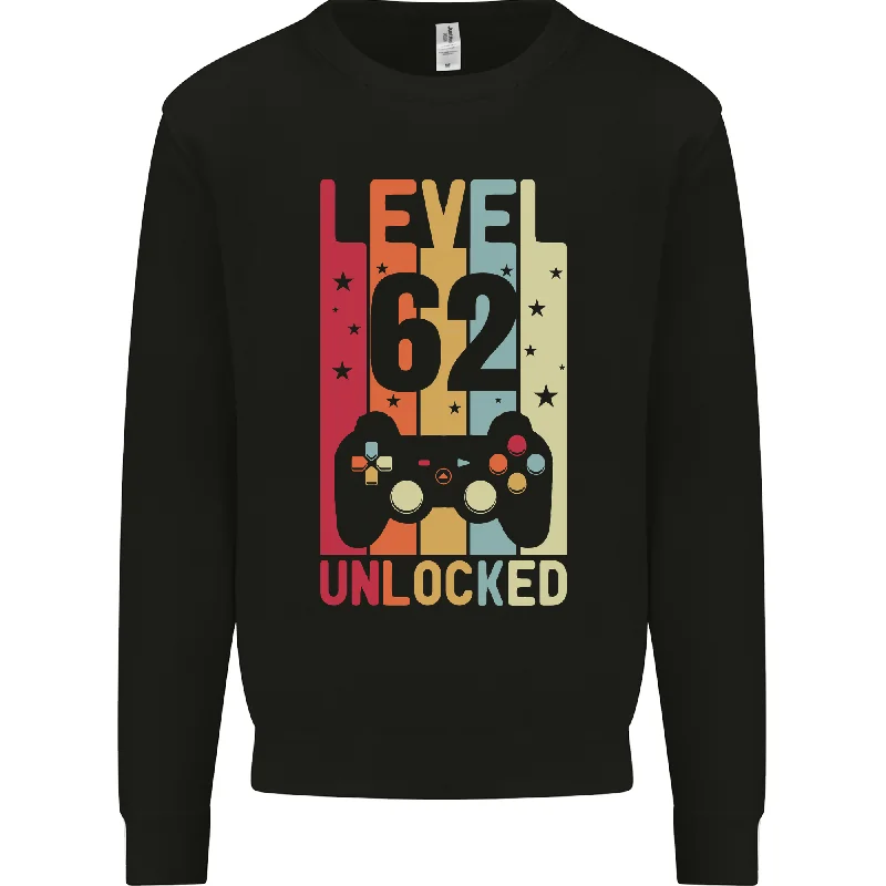 62nd Birthday Level Up Gaming 62 Year Old Men's Sweatshirt Jumper Hoodie with Hem Lace Feminine Delicate