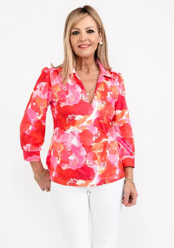 Leon Collection Open Collar Print Blouse, Pink Multi Flowy Bohemian Blouse