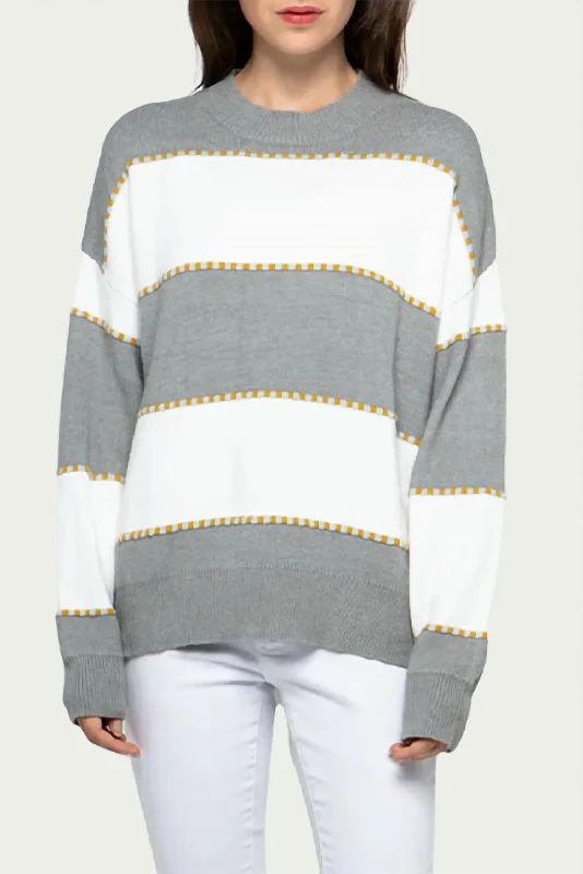 Two-Tone Striped Crewneck Sweater In Heather Grey Cashmere Blend Cotton Blend Poly Blend