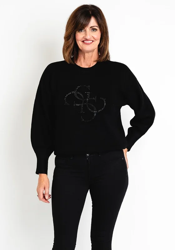 Guess Womens Embroidered 4G Logo Sweater, Black Chenille Fabric Brocade Fabric Lace Fabric