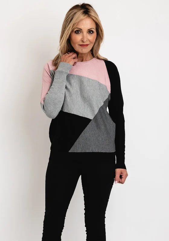 Micha Block Pattern Knit Sweater, Pink Multi Mesh Sweater Canvas Denim