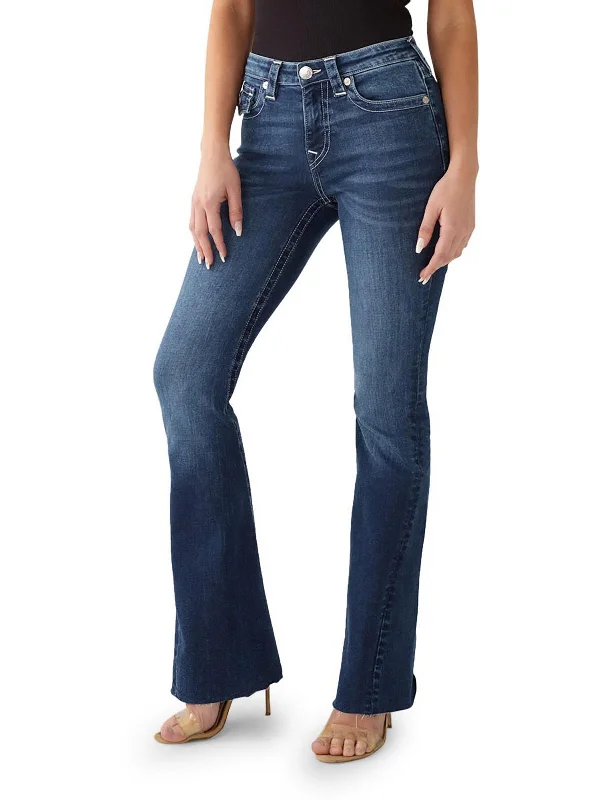 Joey Womens Mid-Rise Dark Wash Flare Jeans Fashionable Raw Hem Bootcut Jeans