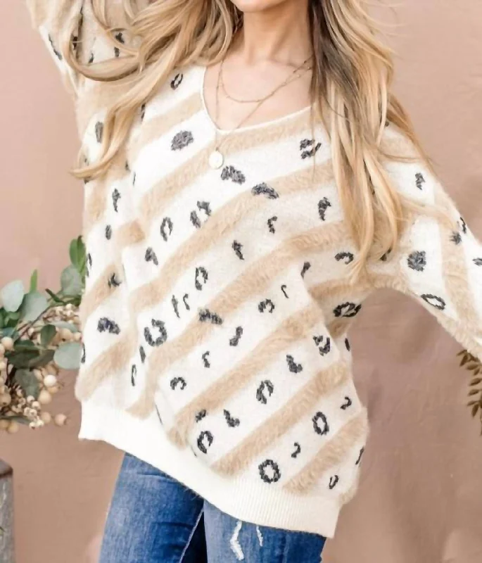 Leopard Print Faux Fur V Neckline Sweater In Cream Long Sweater Short Sweater Cropped Sweater