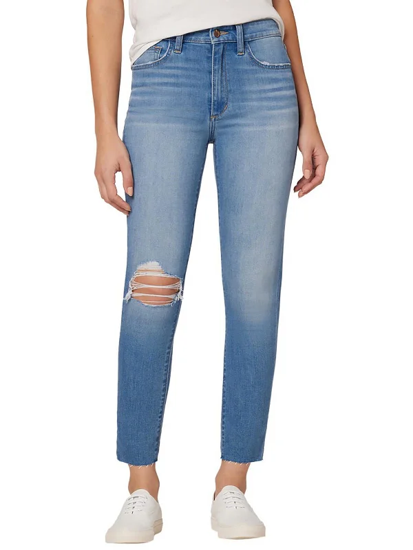 Womens Raw Hem Destroyed Boyfriend Jeans Stylish High-Waisted Denim