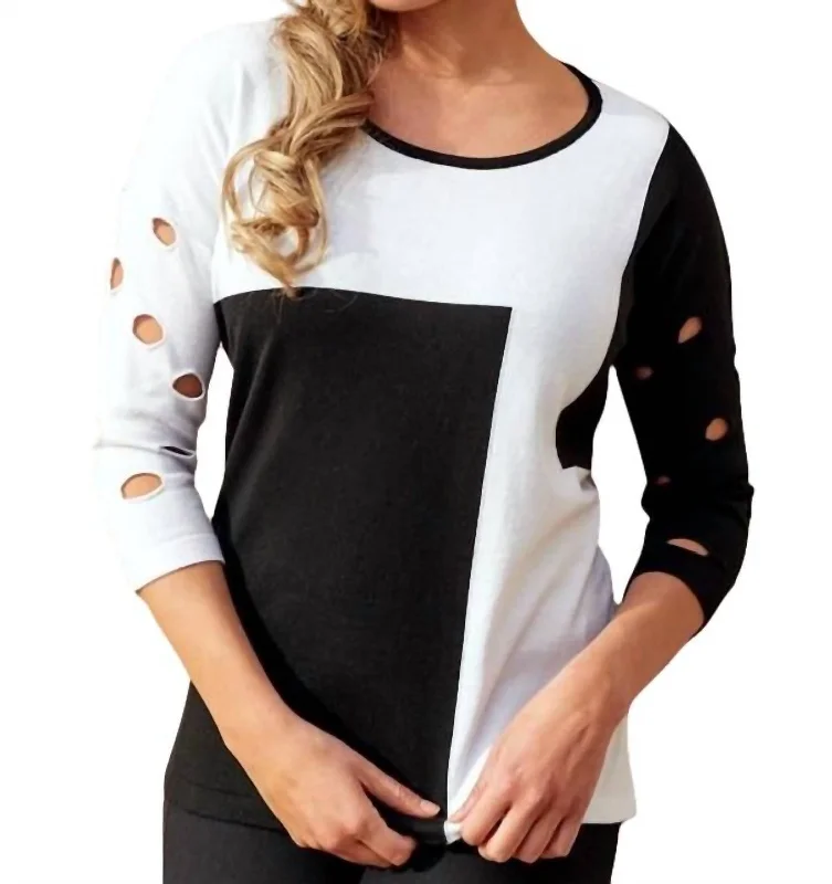 Color Block Crew Sweater In Black/white Embroidered Appliqued Beaded