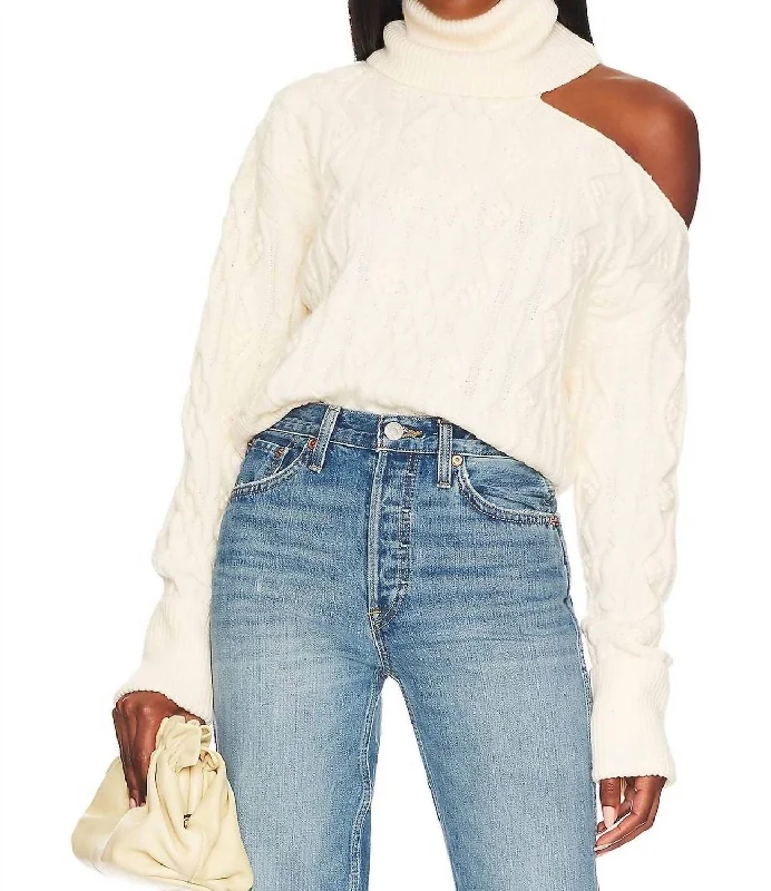 Cropped Cable Knit Raundi Sweater In Ivory Welt Pockets Slit Pockets Flap Pockets