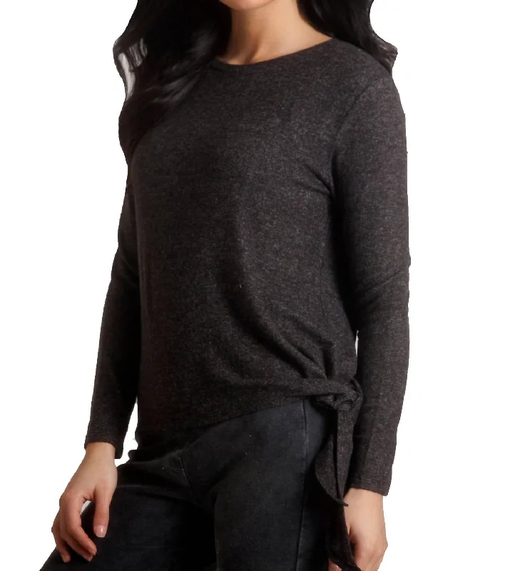 Ellie Side Tie Kashmira Sweater In Charcoal Hooded Sweater Collared Sweater Shawl Collar