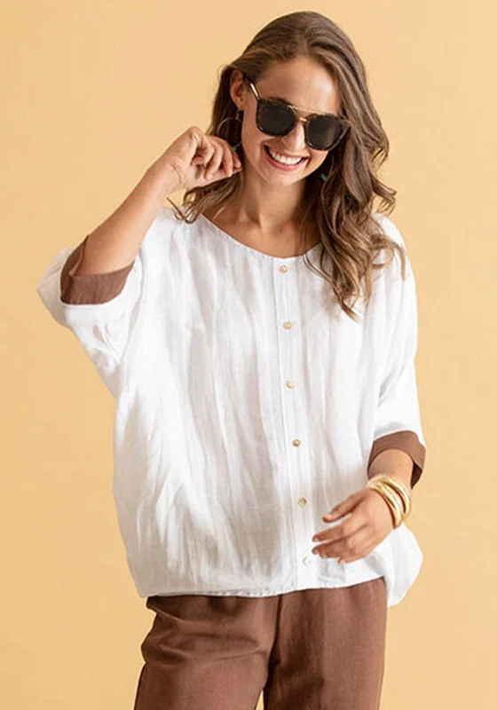 Naya Linen Blend Relaxed Fit Blouse, White Elegant Office Blouse