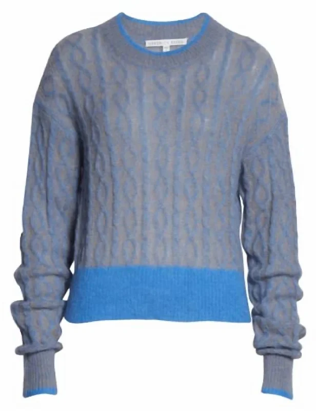 Riola Mohair & Alpaca Cable Crewneck Sweater in Blue Spandex Rayon Corduroy