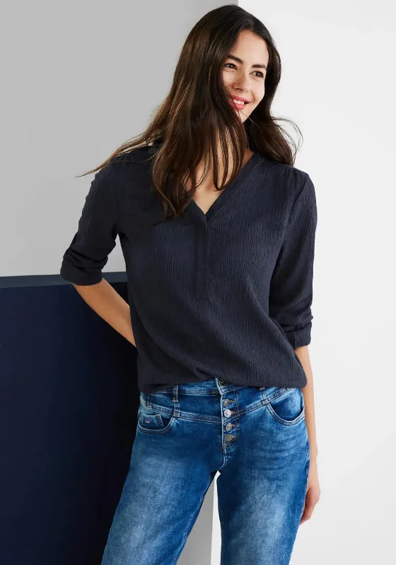 Street One Textured Blouse, Deep Blue Oversized Silk Blouse