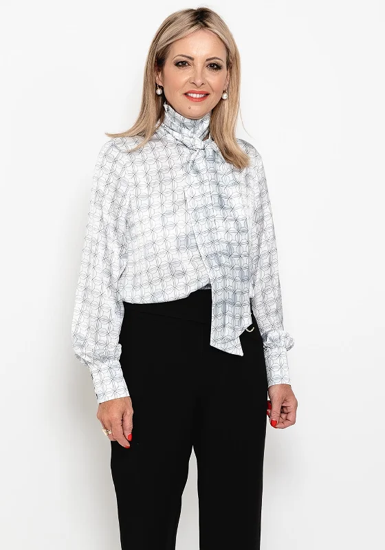 Camelot Geo Print Bow Neck Blouse, White Chic Off-Shoulder Blouse