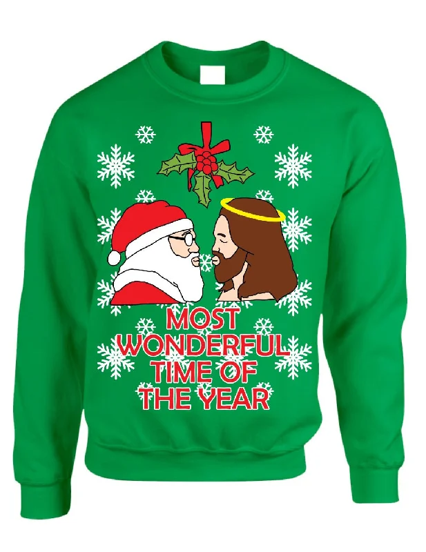 Most wonderful time Santa and Jesus Womens sweater Front Pockets Side Pockets Patch Pockets