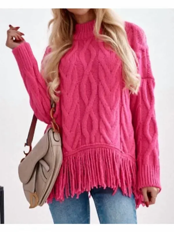 Fringe Cable Knit Sweater In Pink Iron Safe Non-Iron Wrinkle Free