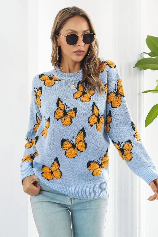 Butterfly Pattern Round Neck Dropped Shoulder Sweater Casual Formal Business