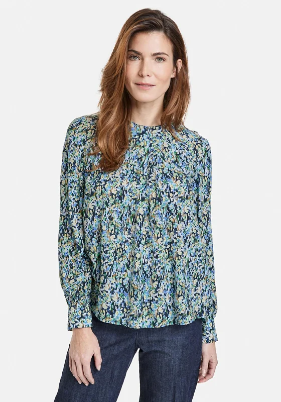 Gerry Weber Abstract Balloon Sleeve Blouse, Blue Multi Textured Cotton Blouse