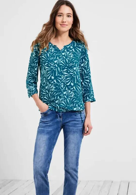 Cecil Two-Tone Printed Blouse, Teal Satin Drape Blouse