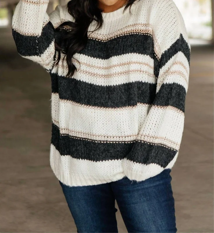 Sraightforward Striped Sweater In Ivory And Black Hooded Sweater Collared Sweater Shawl Collar