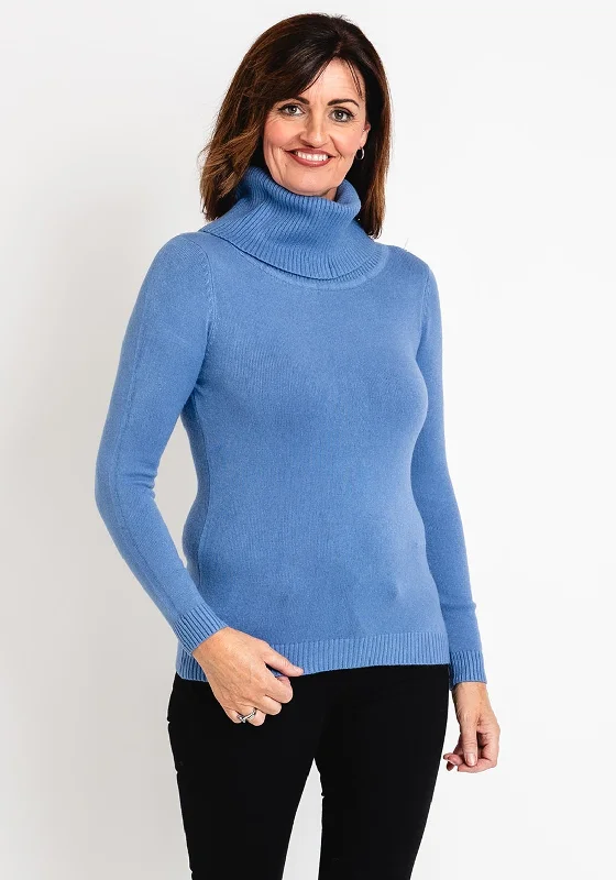 Serafina Collection Light Weight Roll Neck Sweater, Indigo Zippered Buttoned Snapped