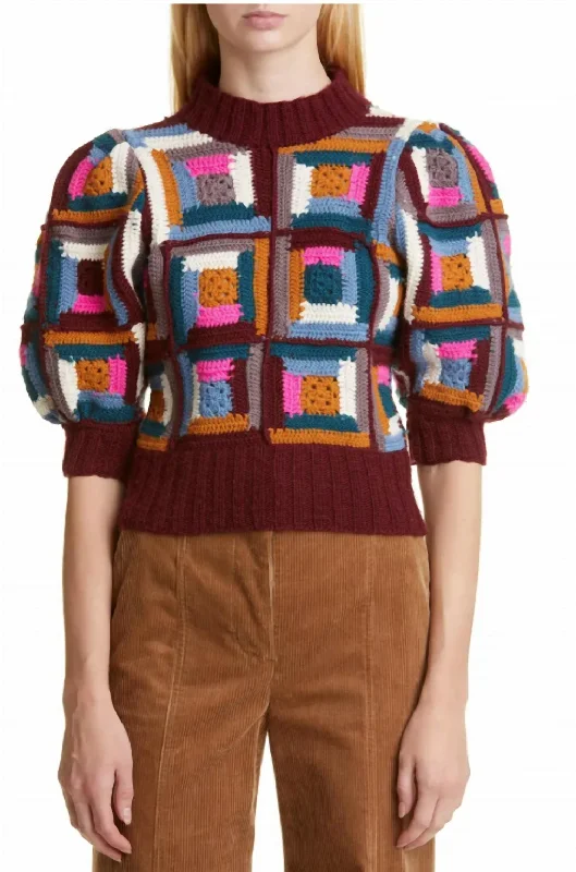 Camryn Crochet Puff Sleeves Sweater in Multi Stretchy Elastic Breathable