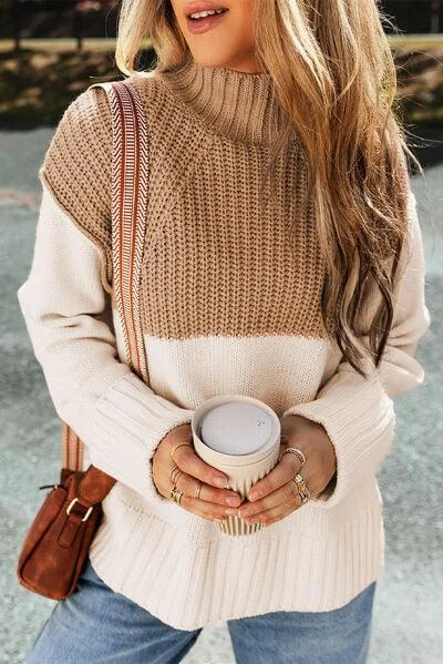 Color Block Slit Mock Neck Sweater Sweater Knitwear Pullover