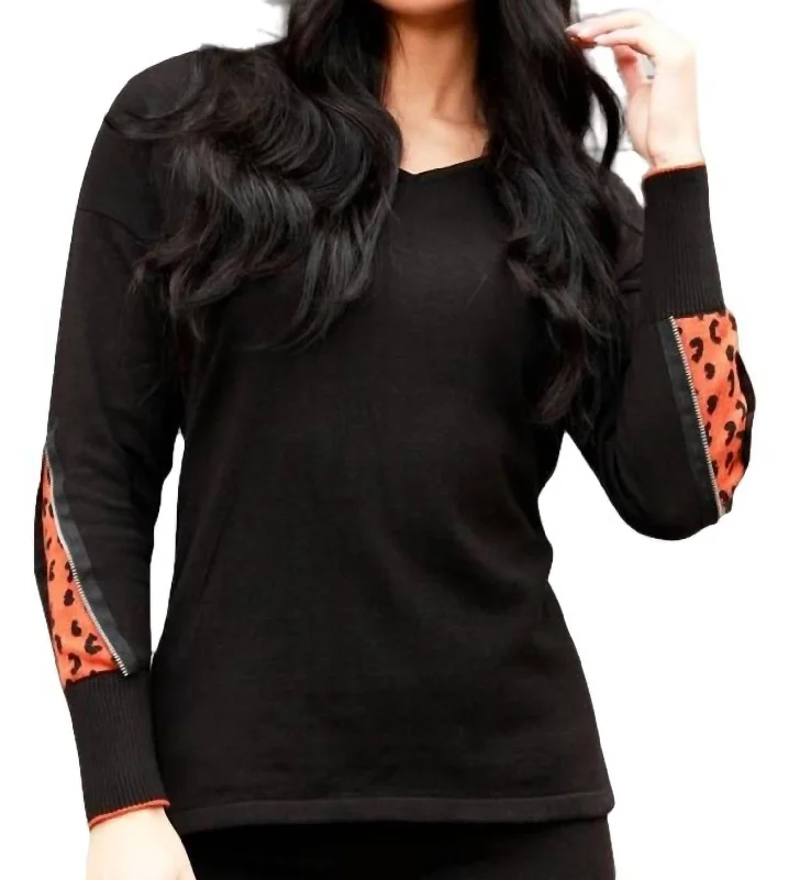 Cheetah V-Neck Sweater With Zip Sleeves In Black/rust Wool Sweater Cotton Sweater Cashmere Sweater