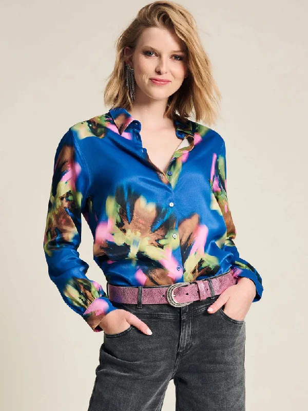 Pom Mila Blouse Satin Butterfly Blue Bell Sleeve Blouse