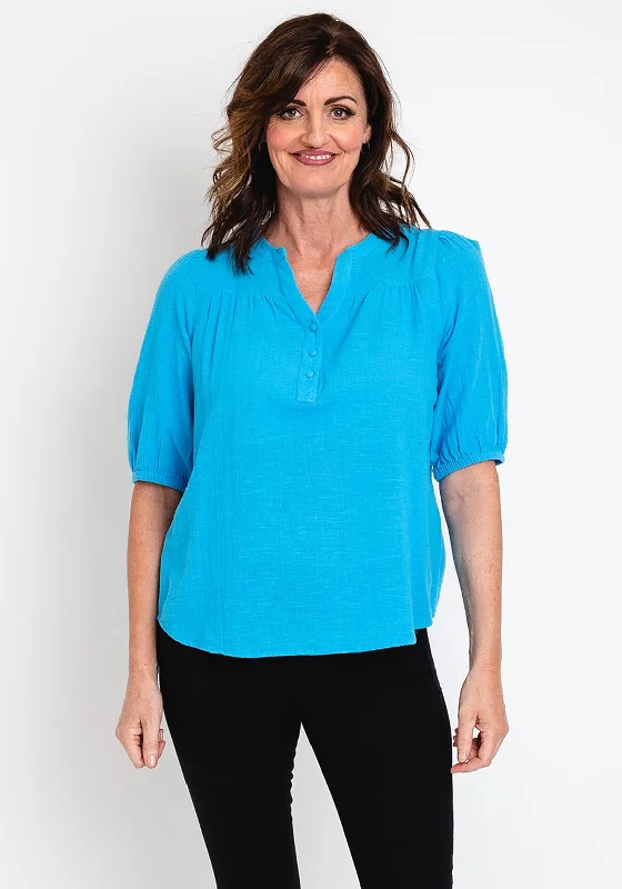 Fransa Bobbi Puff Sleeve Blouse, Azure Blue Subtle Shimmer Blouse