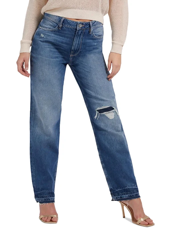 Womens High Rise Distressed Straight Leg Jeans Fashionable Relaxed Fit Denim