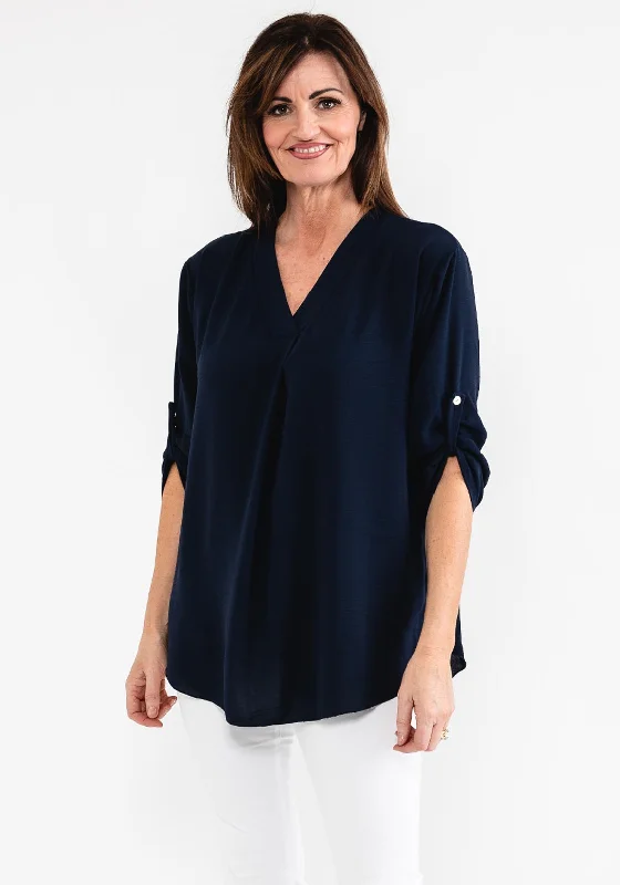 d.e.c.k. by Decollage One Size Blouse, Navy Sweetheart Neck Blouse