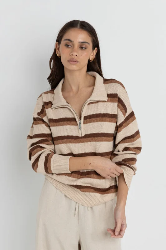 Rhythm 1/4 Zip Isla Striped Jumper - COFFEE Soft Cozy Warm