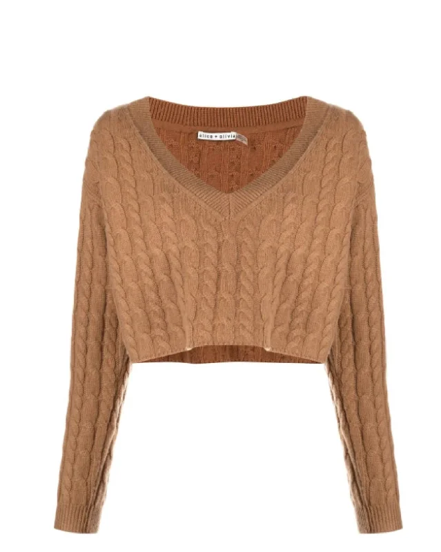 Ayden V-Neck Cable Knit Pullover Cropped Top Sweater In Camel Mesh Fabric Canvas Fabric Denim Fabric