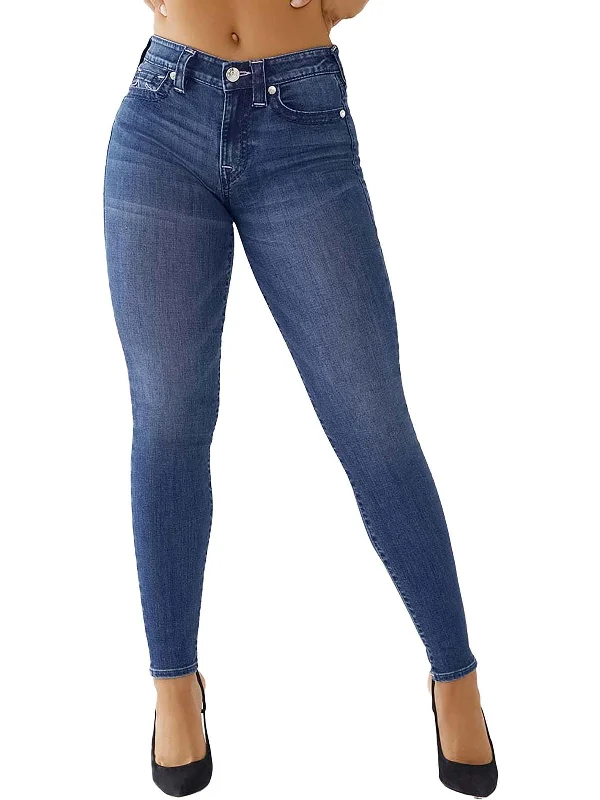 Jennie Curvy Womens Mid-Rise Whisker Wash Skinny Jeans Comfortable Straight-Legged Denim