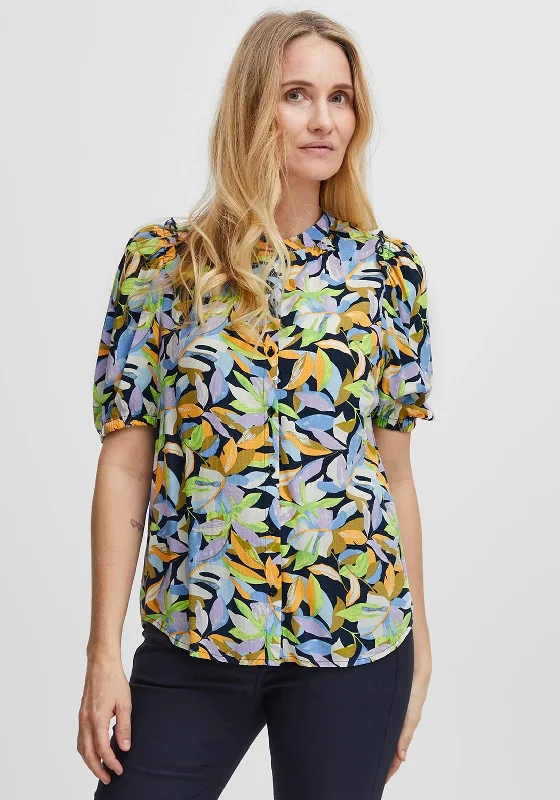 Fransa Leaf Print Short Sleeve Blouse, Multi Elegant Semi-Sheer Blouse