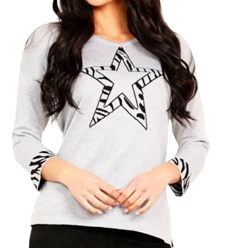 3/4 Star Sleeve V-Neck Sweater In Silver Zippered Buttoned Snapped