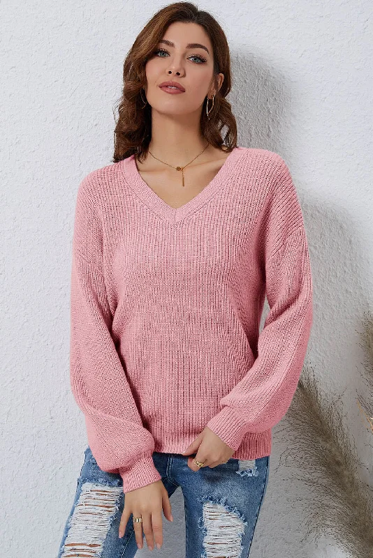 V-Neck Ribbed Dropped Shoulder Sweater Cotton Fabric Linen Fabric Terry Fabric