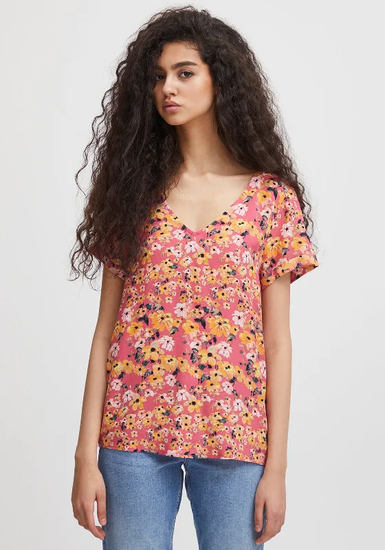 Ichi Vera V-Neck Floral Print Blouse, Carmine Chic Wrap Blouse