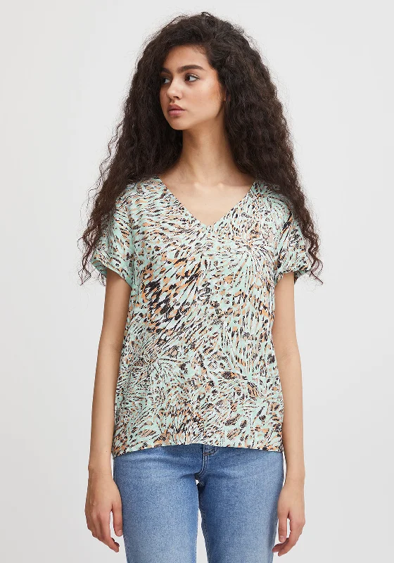 Ichi Vera V-Neck Sketch Print Blouse, Eggshell Blue Elegant Embroidery Blouse